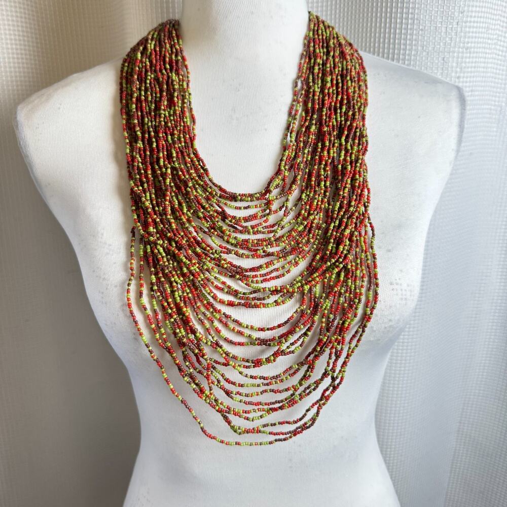 NWT Colorful Seed Bead Waterfall Necklace Multi Strand Handmade Indonesia